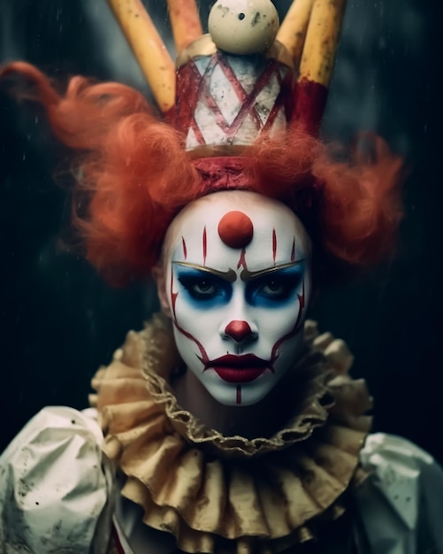 Clown clásico de horror con cara sonriente espeluznante y disfraces clásicos con maquillaje facial completo