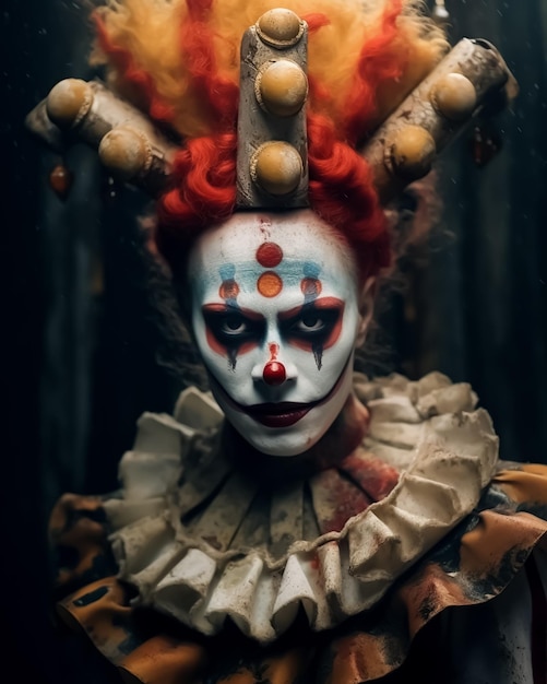 Clown clásico de horror con cara sonriente espeluznante y disfraces clásicos con maquillaje facial completo