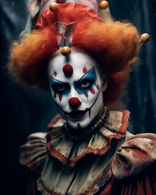 Clown clássico de horror com rosto sorridente assustador e trajes clássicos com maquiagem facial completa