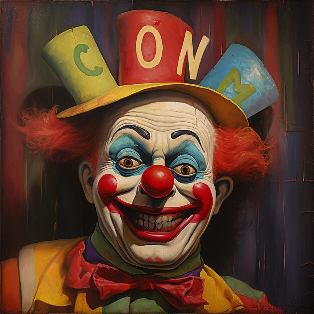 Clown Jovial con una cara de arco iris y Palabra de Joker