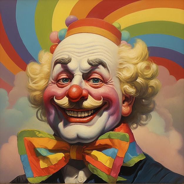 Clown Jovial con una cara de arco iris y Palabra de Joker