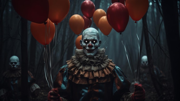 Clown mit Ballons im Wald in der Nacht von Halloween