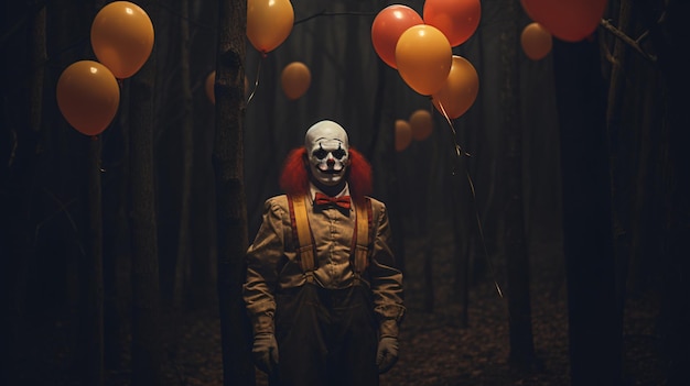 Clown mit Ballons im Wald in der Nacht von Halloween