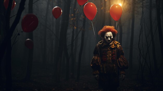 Clown mit Ballons im Wald in der Nacht von Halloween