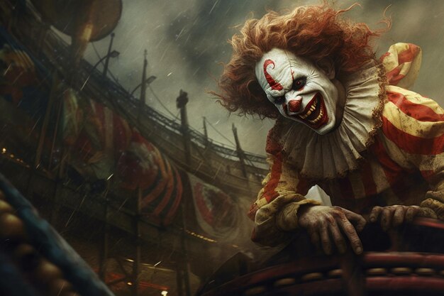 Clown mit roten Haaren und einer roten Nase steht in einem Boot generative ai