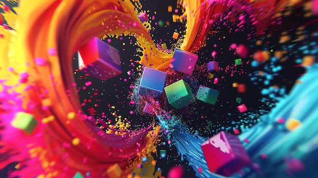 Clowncore estilo fundo colorido com elementos de torção e cubos em fusão alegre