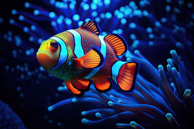 Clownfisch unter Wasser das ruhige blaue Neonlicht betont einzigartige Farben und Blasen