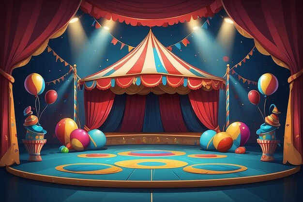 Clowning alrededor de CartoonStyle escenario con acto de circo