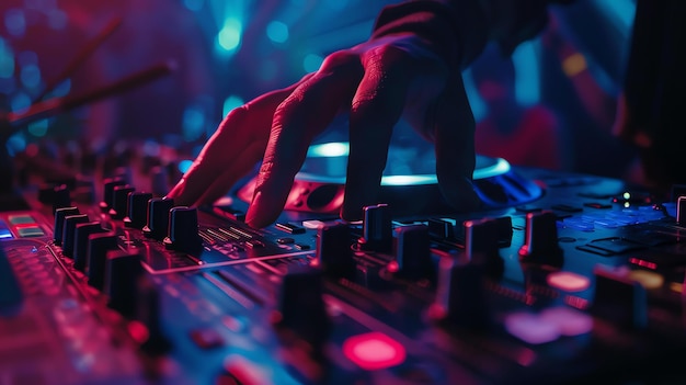 En el club débilmente iluminado las manos de los DJs mezclan hábilmente los ritmos creando un ritmo contagioso que pulsa a través de la multitud