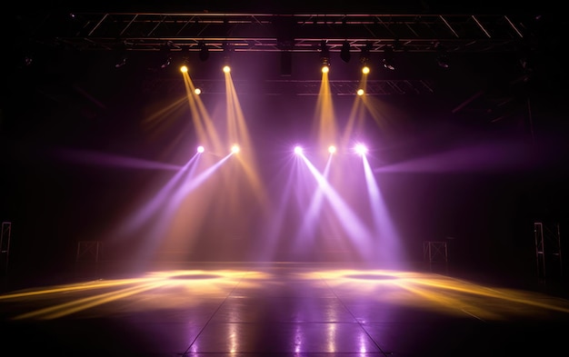 Foto un club de escenario vacío con luces de escenario brillantes púrpuras y amarillas y rayos de luces de ia generativa