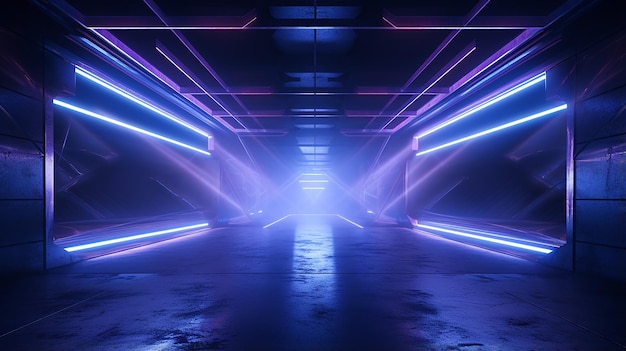 club de espectáculo láser neón oscuro ciencia ficción futurista retro púrpura azul brillante luces del techo salón del túnel 3D