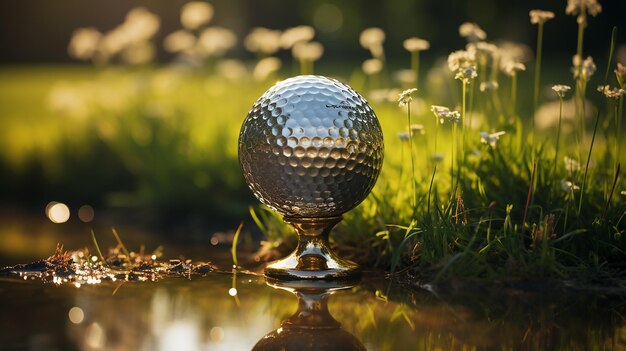 Foto club de golf y pelota en el césped