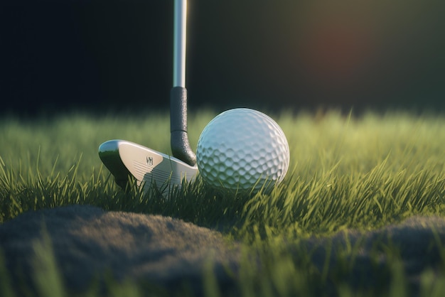 Club de golf y una pelota de golf en la hierba recién cortada de un campo de golf generado por Ai