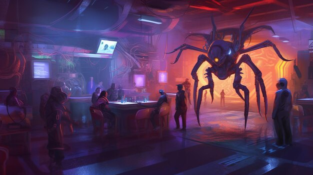 Un club nocturno cyberpunk con escorpiones robóticos como artistas Concepto de fantasía Pintura de ilustración IA generativa