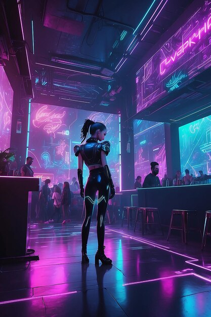 Un club nocturno cyberpunk con luces de neón bailarines holográficos y música electrónica