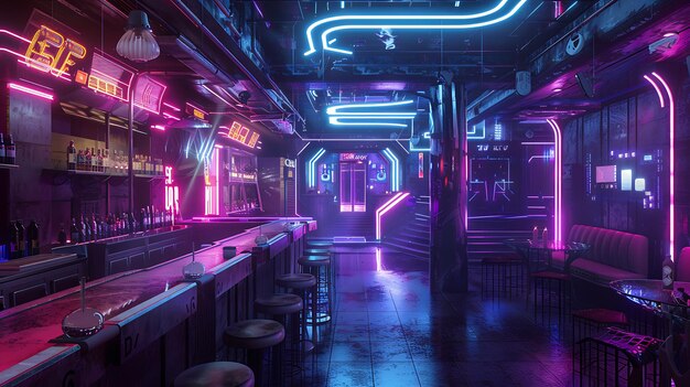 Un club nocturno retro futurista El bar está débilmente iluminado con luces de neón