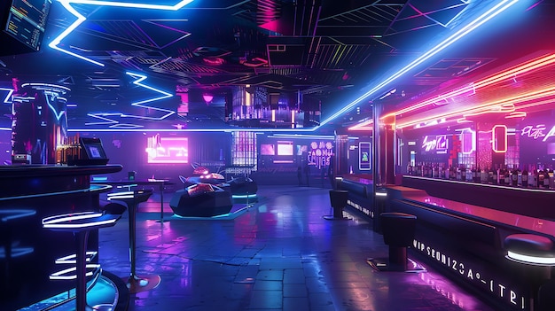 Un club nocturno retro futurista con luces de neón brillantes y un diseño moderno y elegante