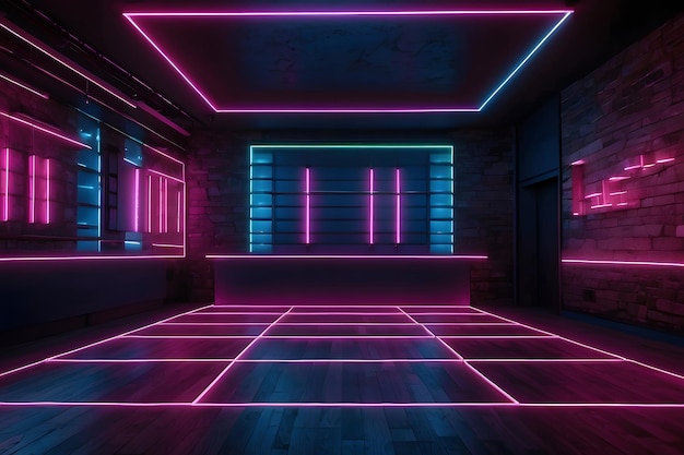 Un club nocturno vacío con una pista de baile con luces de neón vibrantes