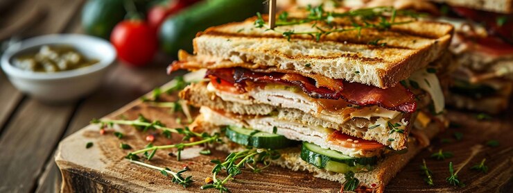 Club-Sandwich mit Hühnerbrust, Speck, Tomaten, Gurken und Gemüse auf einem hölzernen Hintergrund