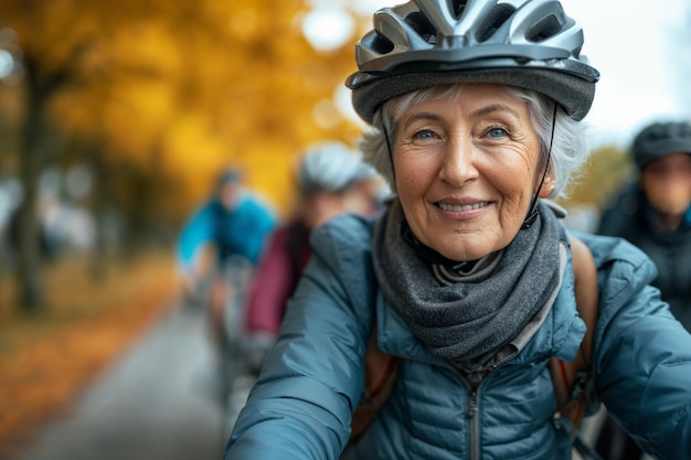 Clube de ciclismo para idosos com foco em mulheres idosas positivas que desfrutam de andar de bicicleta