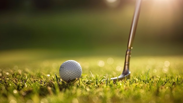 Clube de golfe e bola de golfe em grama verde ao pôr do sol Golfer Generative Ai