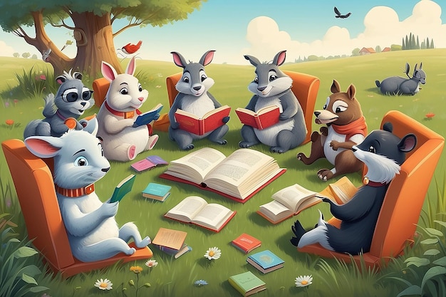 Clube Literário de Animais de Reunião de Vermes de Livro em Grass Field