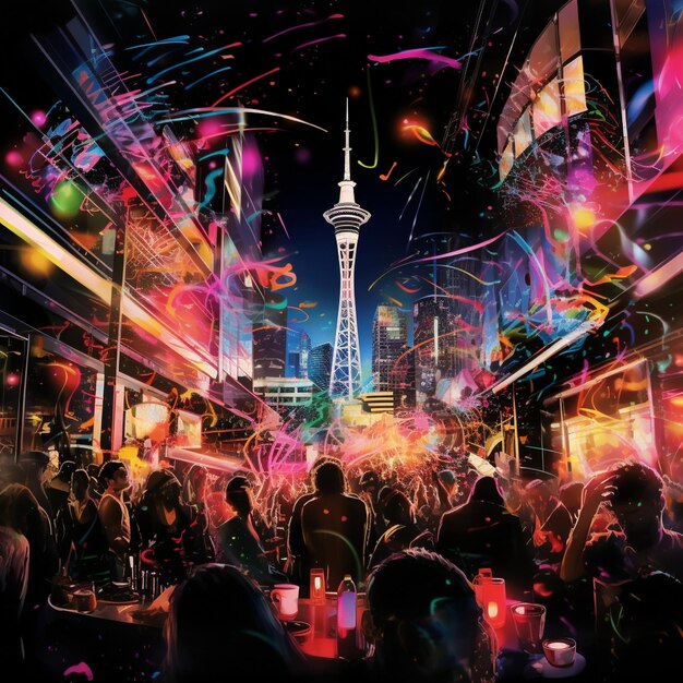 Clube noturno movimentado de Auckland com vibrantes luzes de néon
