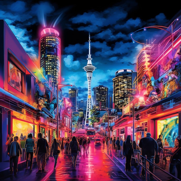 Clube noturno movimentado de Auckland com vibrantes luzes de néon