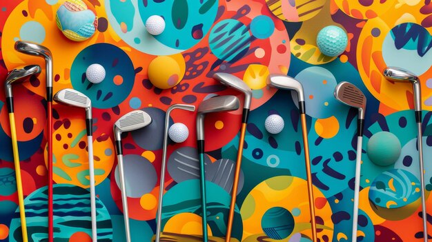 Clubes de golfe e bolas em um padrão colorido AI gerado ilustração