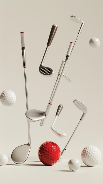 Foto clubes de golf y tees levitando d estilo objetos voladores aislados memphis estilo d render ia generado ilustración