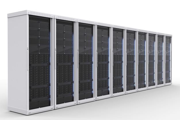 Clúster de computadora del servidor de representación 3D sobre fondo blanco
