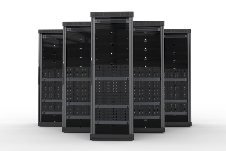 Foto cluster de computador servidor de renderização 3d em fundo branco