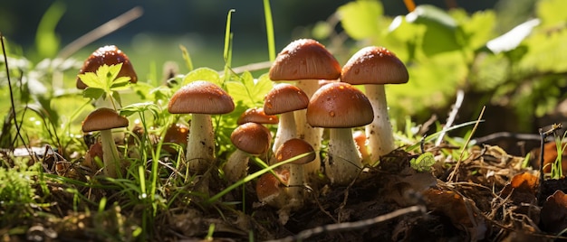 Cluster von rauen Boletus-Pilzen auf einem grünen Feld