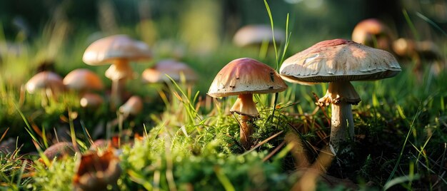 Cluster von wilden Pilzen im Gras