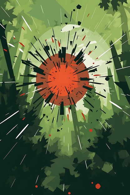 Foto clusterbombenexplosion in einem dichten wald erdgrüne töne posterdesign 2d a4 kreative ideen