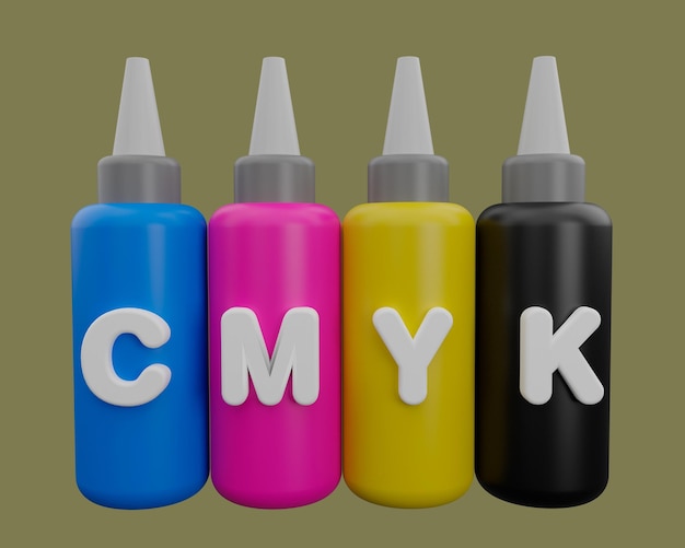 cmyk-Farbsymbol, subtraktives Farbkonzept, das beim Drucken verwendet wird, 3D-Rendering.