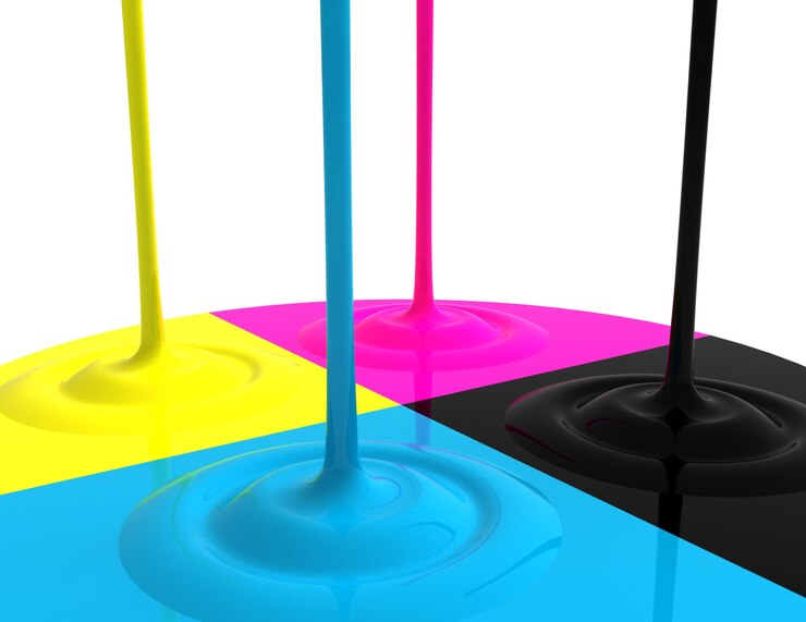 CMYK-Flüssigtinten verschütten, 3D-Rendering-Bild