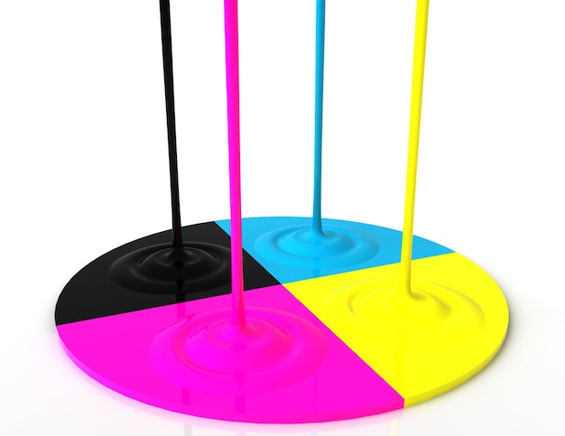 CMYK-Flüssigtinten verschütten, 3D-Rendering-Bild