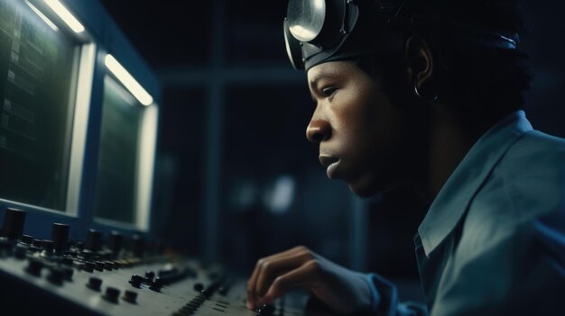 CNC-Bediener, männlicher Afroamerikaner, junger Erwachsener, der eine computergesteuerte Maschine bedient, um Teile in der CNC-Maschine Generative AI AIG22 herzustellen