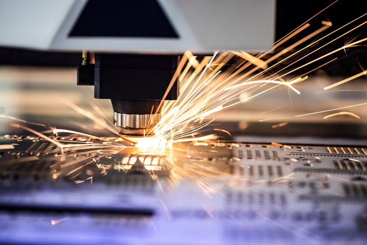 Foto cnc-fräsmaschine. bearbeitung und laserschneiden von metall im industriebereich mit kühlmittel. industrieausstellung für werkzeugmaschinen.