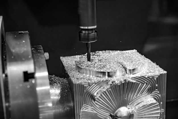 CNC-Fräsmaschine für die Metallbearbeitung. Schneiden von Metall moderne Verarbeitungstechnik. Geringe Schärfentiefe. Achtung – authentisches Schießen unter schwierigen Bedingungen. Ein bisschen Körnung und vielleicht verschwommen.