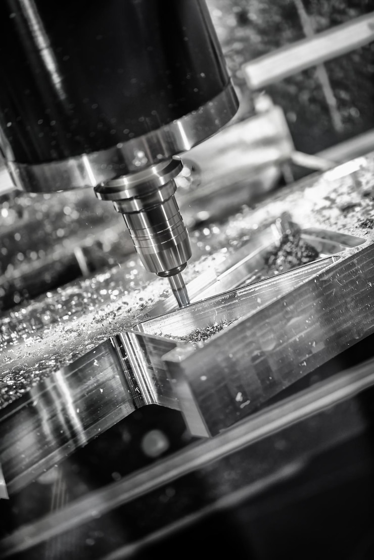 Foto cnc-fräsmaschine für die metallbearbeitung. schneiden von metall moderne verarbeitungstechnik. geringe schärfentiefe. achtung – authentisches schießen unter schwierigen bedingungen. ein bisschen körnung und vielleicht verschwommen.