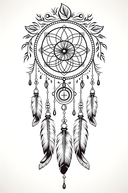 Foto cnc laser cut native american dreamcatcher rahmen mit federn und beadwor tattoo flacher umriss