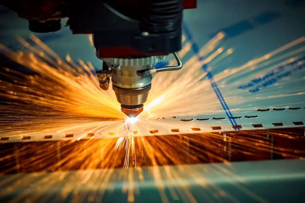 CNC-Laserschneiden von Metall, moderne Industrietechnologie. Geringe Schärfentiefe. Achtung - authentisches Schießen unter schwierigen Bedingungen.