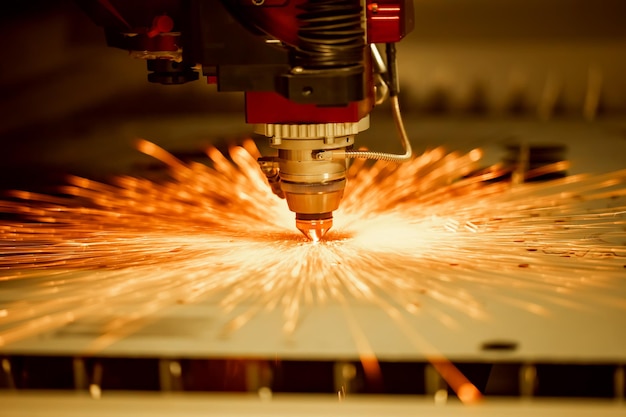 CNC-Laserschneiden von Metall, moderne Industrietechnologie. Geringe Schärfentiefe. Achtung - authentisches Schießen unter schwierigen Bedingungen.