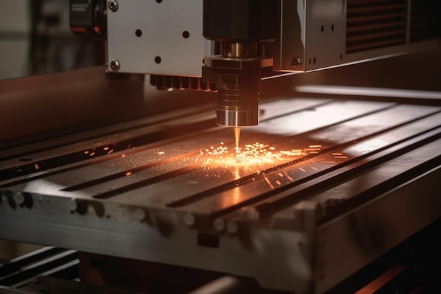 CNC-Laserschneiden von Metall, moderne Industrietechnologie, Herstellung industrieller Details, Laseroptik