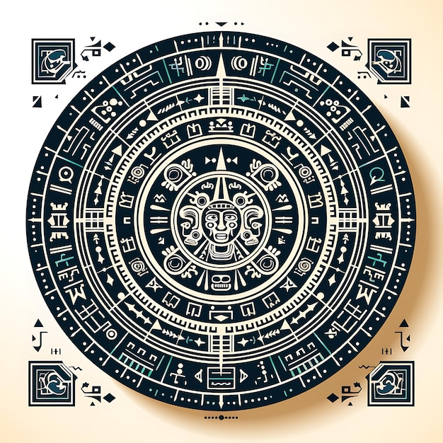 Cnc-Laserschnitt Aztekischer Kalenderrahmen mit komplizierten Kalenderradmotiven und einem Tattoo-Flat-Umriss