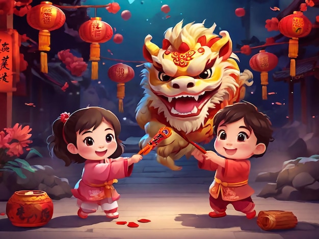 CNY süße Kinder spielen Löwen- und Drachen-Tanz, hängen zusammen mit traditionellen Dingen Fortune