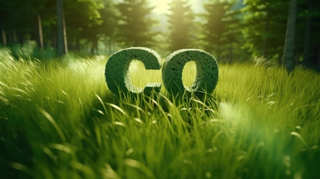 Co-Symbol auf grünem Gras in einem Wald verringert den CO2-Fußabdruck, um die globale Erwärmung und den Klimawandel zu begrenzen