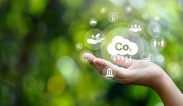 CO2-Emissionsreduktionskonzept in der Hand mit Umweltsymbolen, globaler Erwärmung, nachhaltiger Entwicklung, Konnektivität und erneuerbarer Energie, grünem Geschäftshintergrund